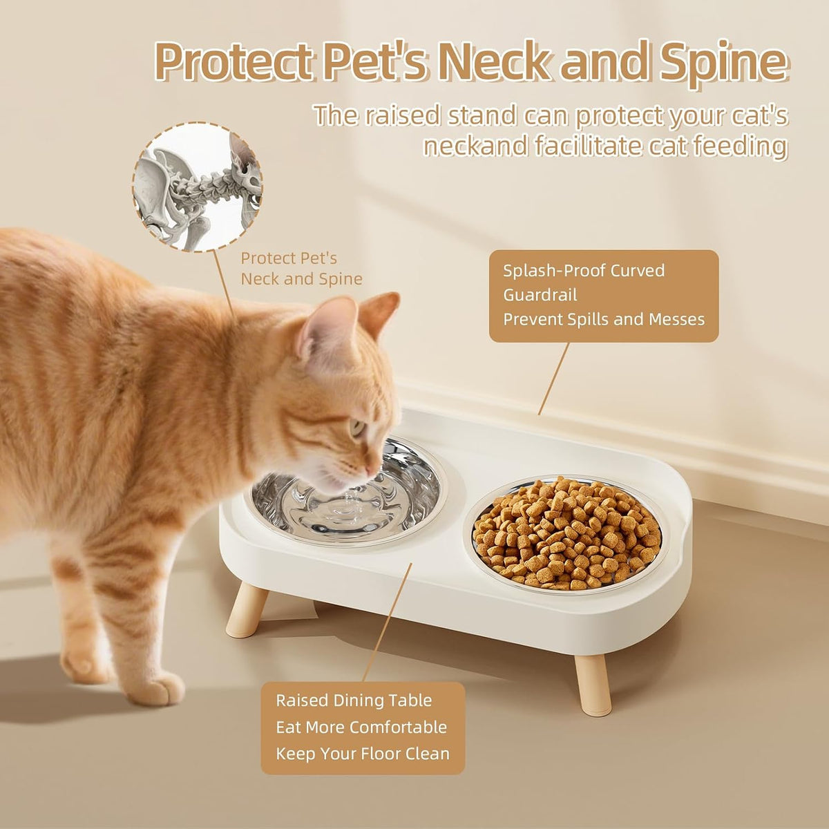 Elevated Cat Bowl, Raised Cat Food and Water Bowl Set for Indoor Cats, Splash Proof with 2 - Cat Bowls-White - image 3