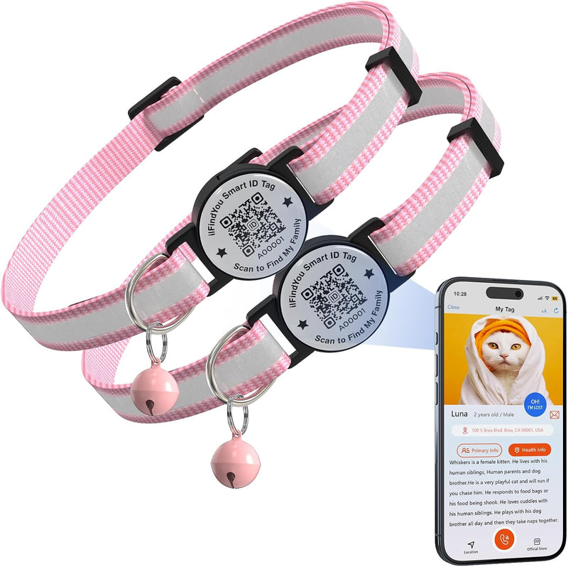 Cat Collar Breakaway QR Code, Reflective cat Collar with Bells - Pink&Pink / Solid