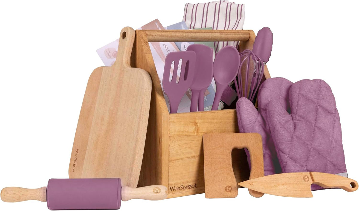 WeeSprout kids baking set in green with apron, oven mitts, rolling pin and cookie cutters - view 3