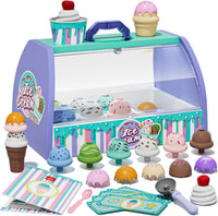 Lehoo Castle ice cream counter toy set with cones, scoop, flavors, toppings and play money