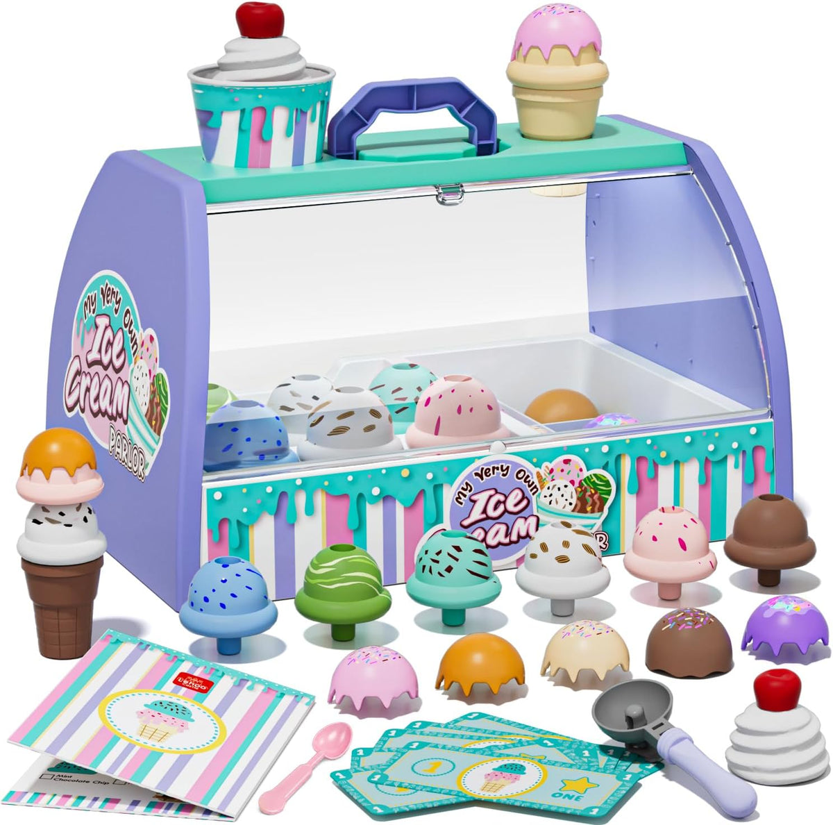 Lehoo Castle ice cream counter toy set with cones, scoop, flavors, toppings and play money