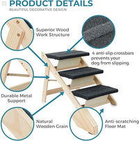 Wood Pet Stairs/Pet Steps for All Dogs and Cats - 2-in-1 Foldable Carpeted 3 Tiers Dog Stairs & Ramp Perfect for Beds and Cars - Portable Dog/Cat Ladder Up to 120 Pounds