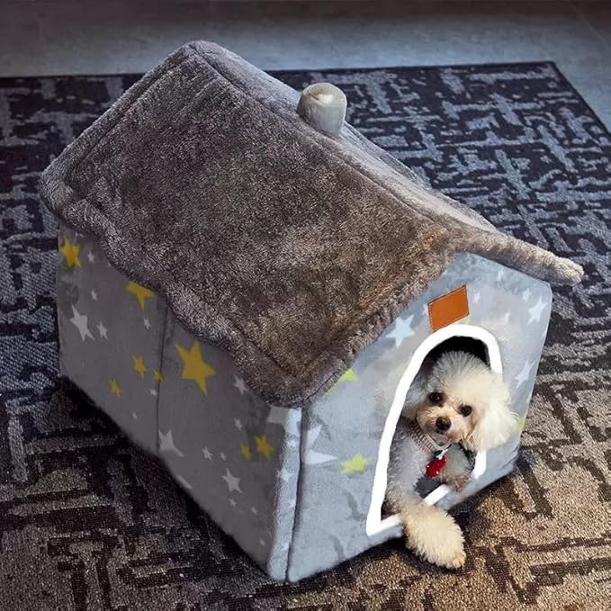 Scnbom Dog House Indoor Puppy Cave Cat Nest Kennel Pet Bed Portable Memory Sponge Foldable Houses with Cushion (Grey, M:Size fits 7.5kg/17lbs (Pets))
