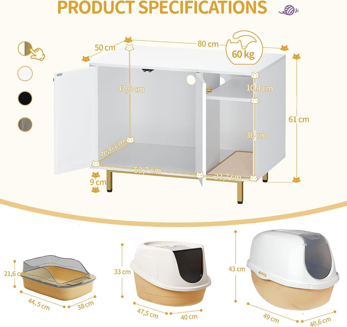 Hzuaneri Cat Litter Box Enclosure - White and Gold / 31.4"L x 19.6"W x 24"H - image 3