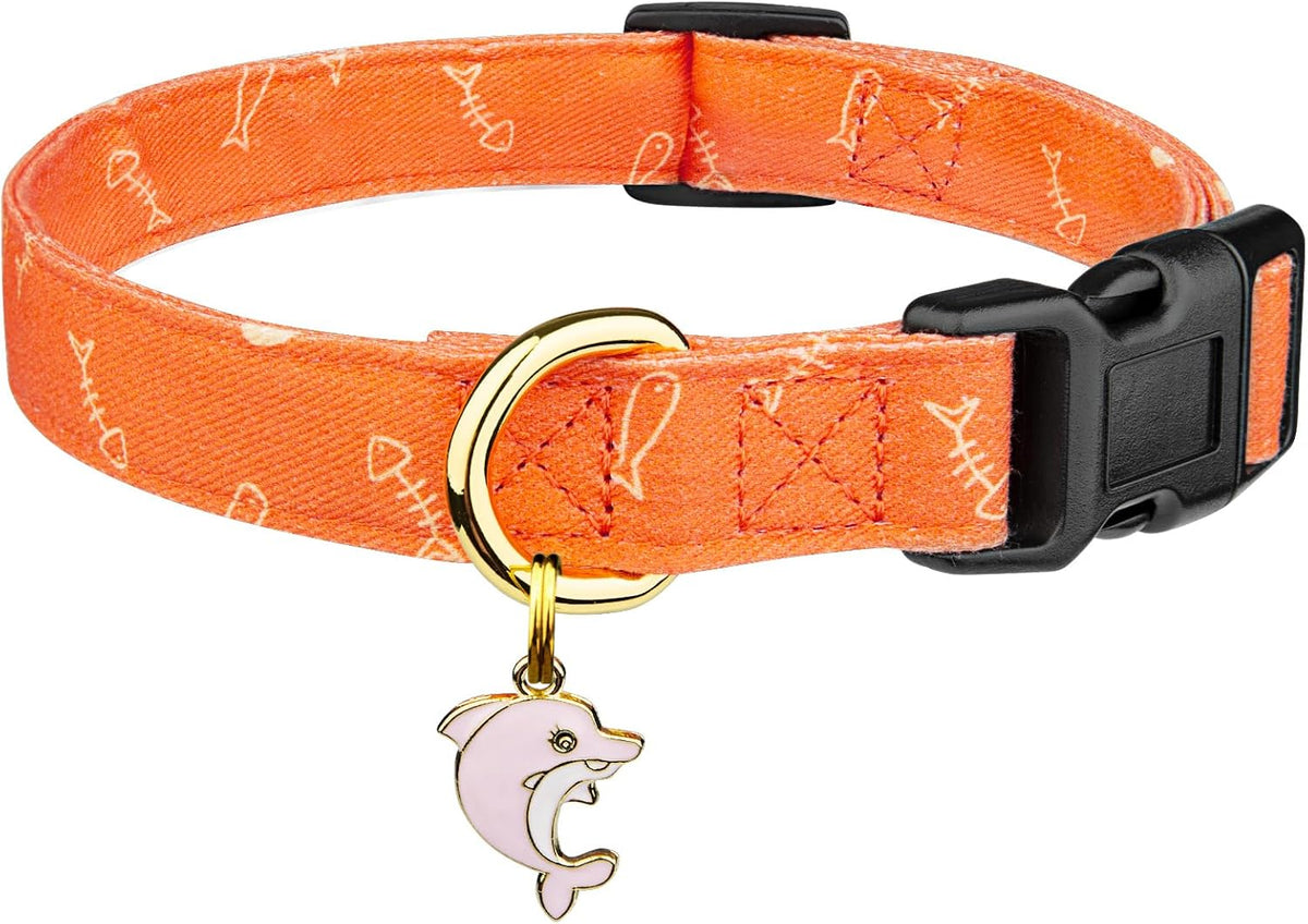 Cotton Dog Collar White and Pink Love Heart with Pendant Cute Dog - Orange Fish / M