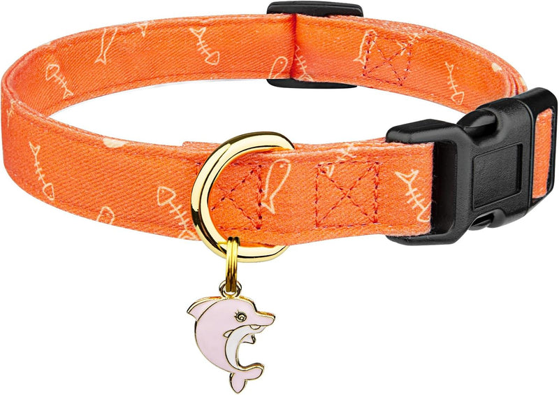Cotton Dog Collar White and Pink Love Heart with Pendant Cute Dog - Orange Fish / M
