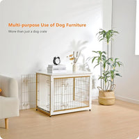 DWANTON Dog Crate Furniture with Cushion, Wooden Kennel Table with Double Doors, Indoor Dog House, Medium Size, 32.5" L, White
