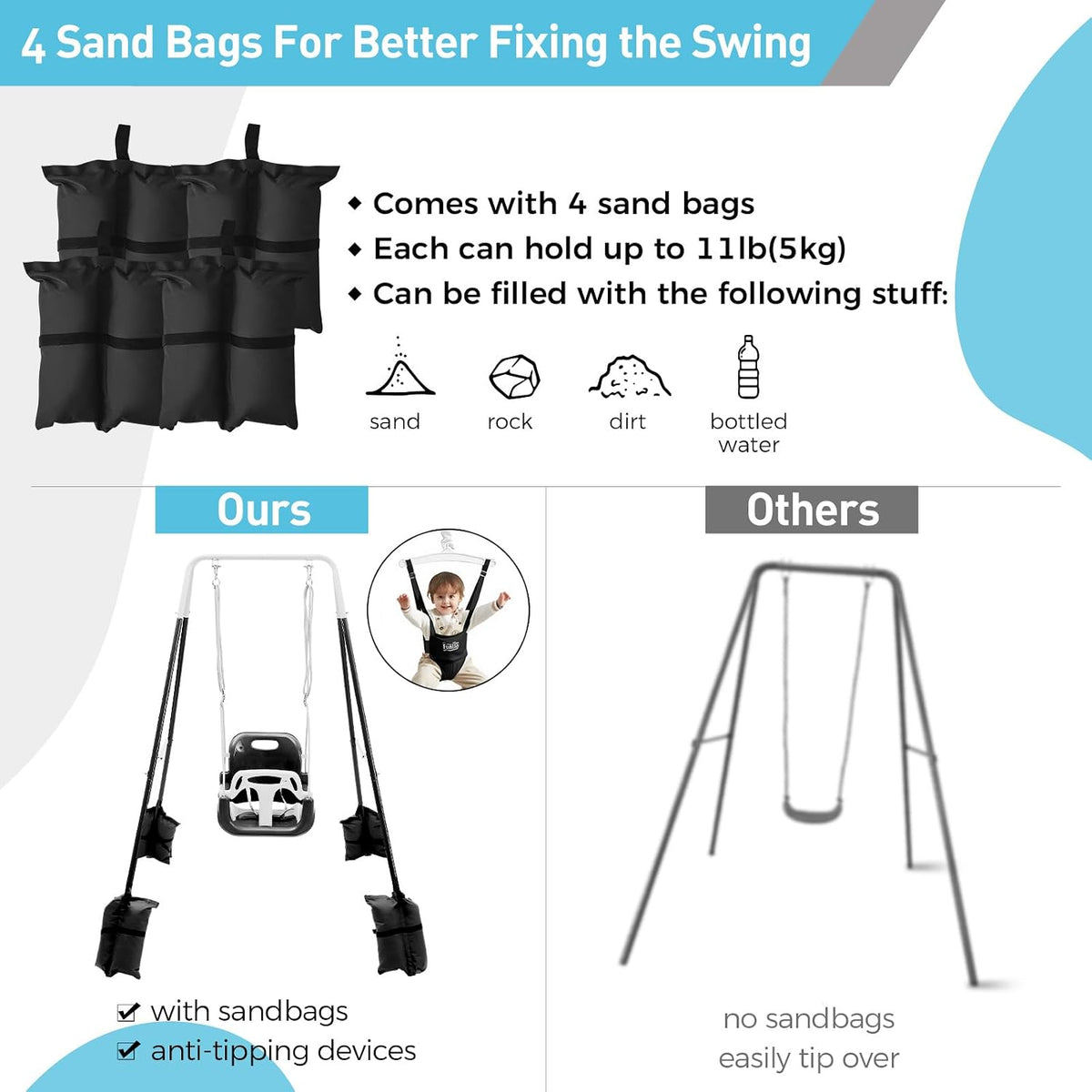 FUNLIO 2 in 1 Baby Jumper and Swing with 4 Sandbags - Black - image 3