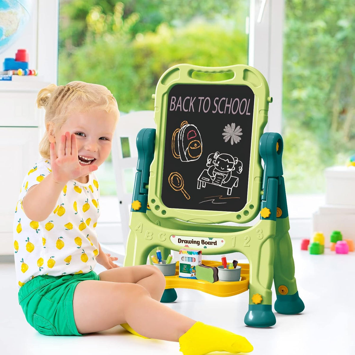Amagoing Easel for Kids, Adjustable Standing Art Easel for Toddler, Double Side White Chalk Board - Grass Green - image 4