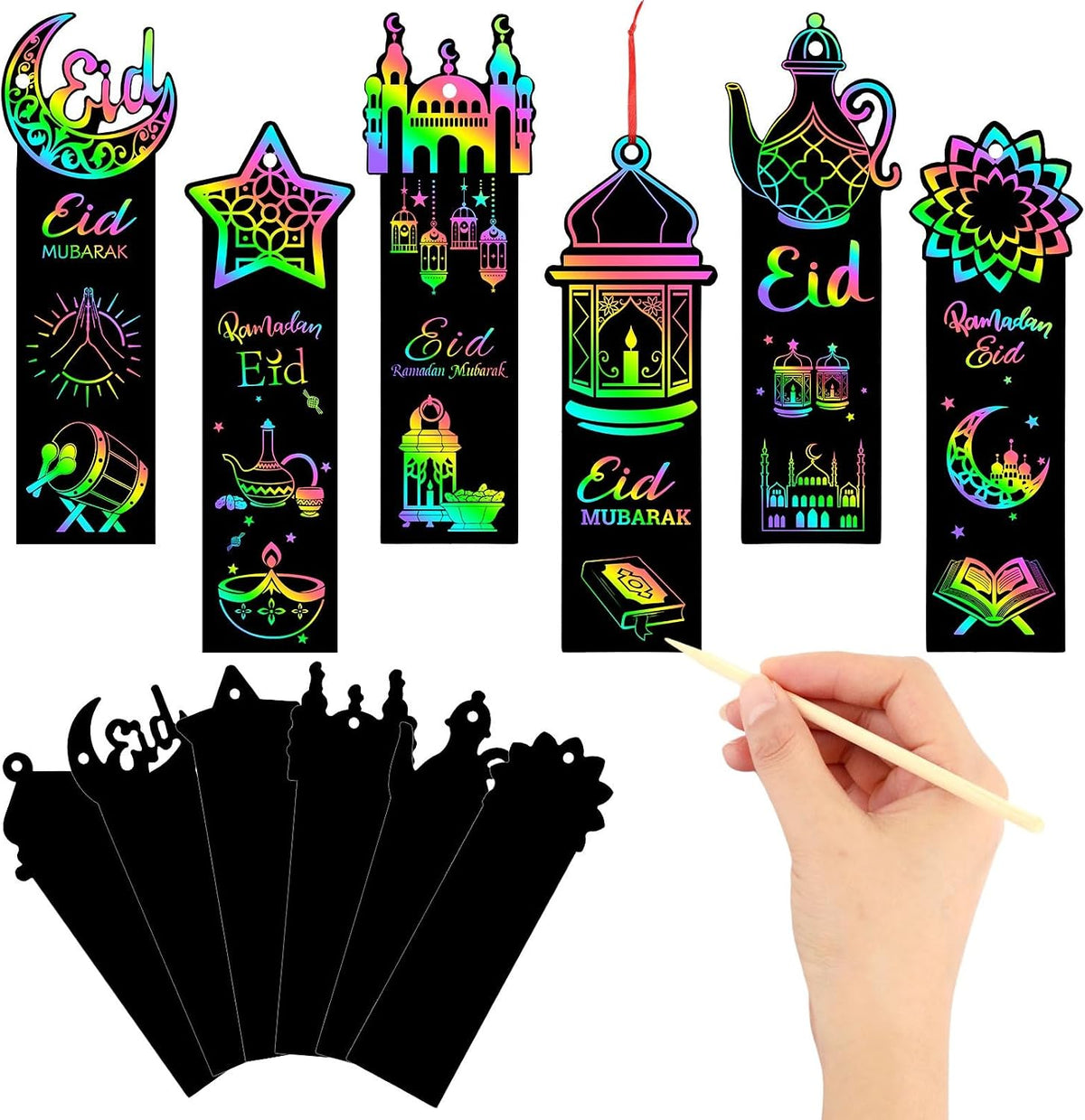 JUNEBRUSHS rainbow scratch art bookmarks with bamboo scratch sticks and colored satin ropes - view 5