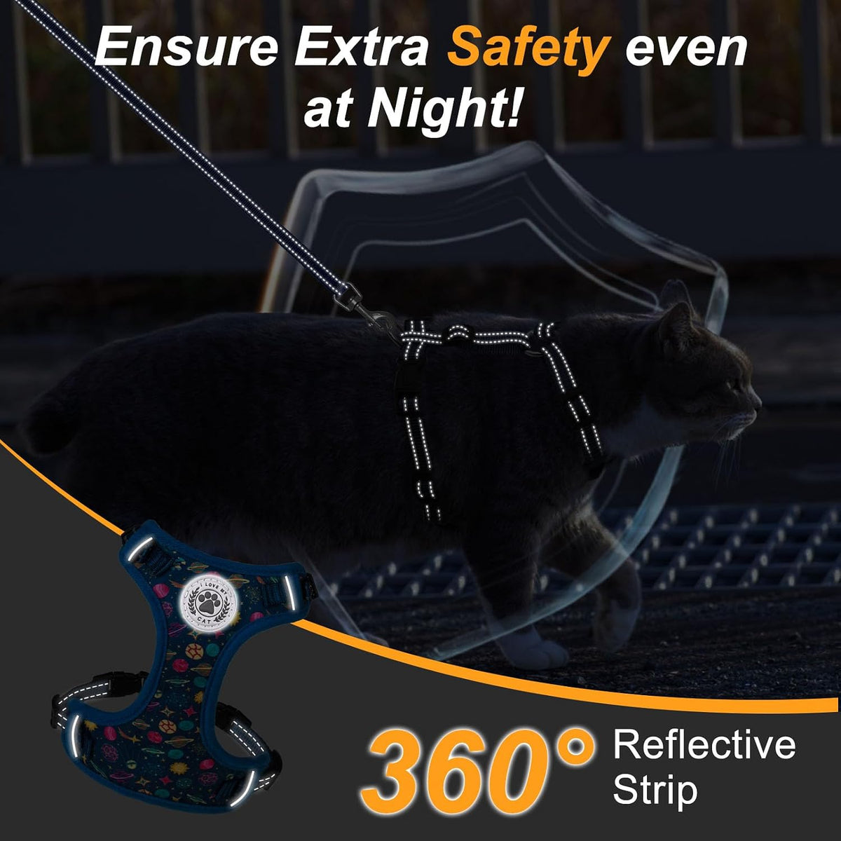 Cat Harness and Leash Set, Escape Proof and Adjustable - Planets Stars Navy Blue / S (Chest: 11 - 16") - image 2