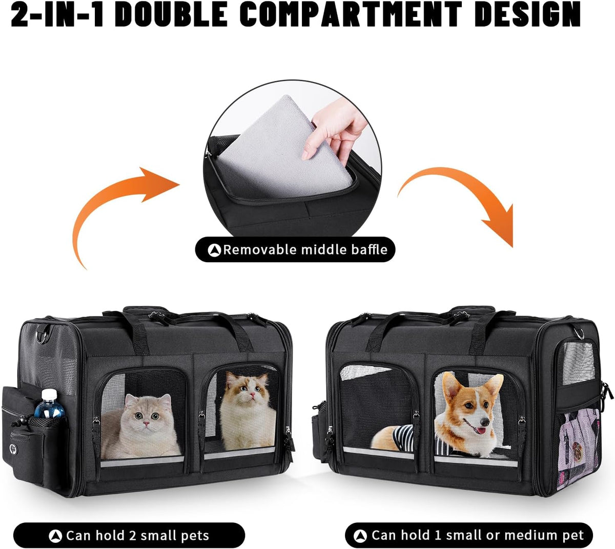 Cat Carrier for 2 Cats,Double Cat and Dual Dog Carrier Cabin for Two Pets – Essentials for Cats - Black with 2 Pocket - image 3