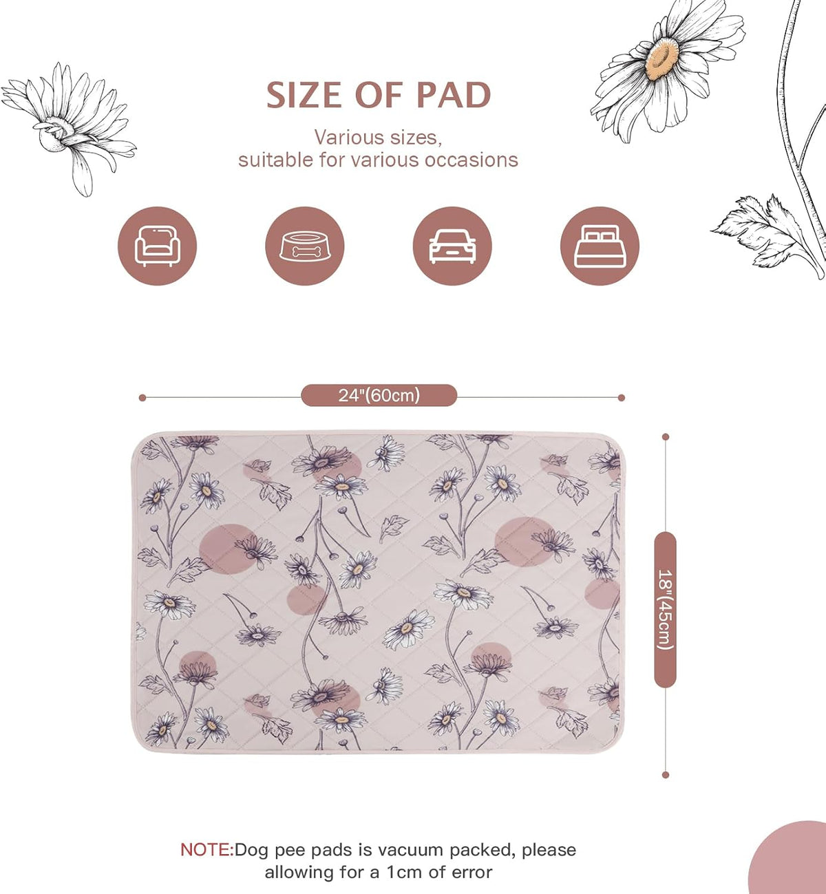 IEUUMLER Washable Pee Pads for Dogs - Pink Daisy / 24"X18"-2pcs - image 2
