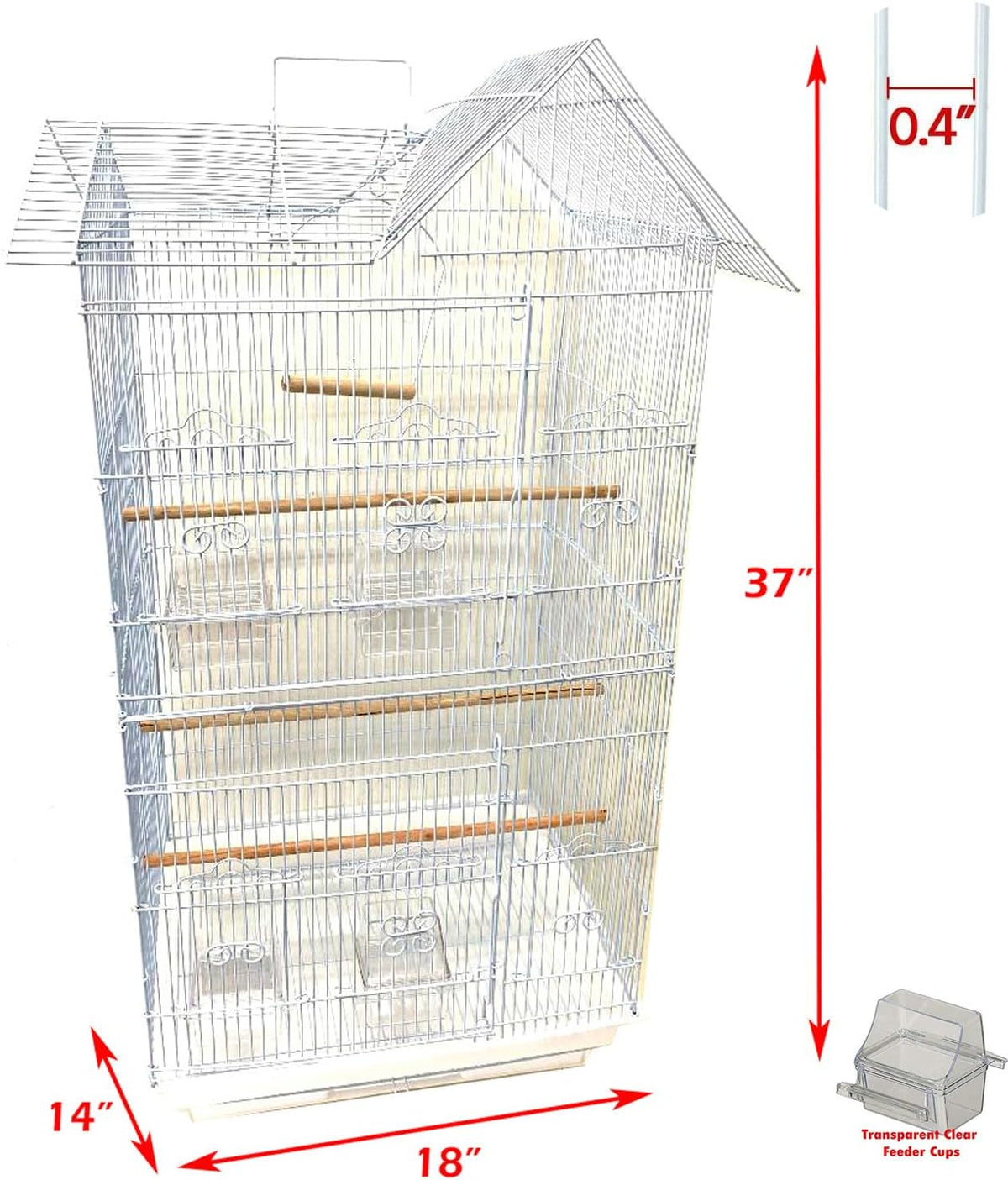 38-Inch Double Roof Top Large Bird Parrot House Cage – Essentials for Birds - 18.0"L x 14.0"W x 38.0"H / White - image 2