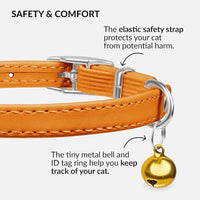 CollarDirect Leather Cat Collar with Bell - Kitten Collar, Small and Big Cat Strap for Boy Cats, Girl Cats with Safety Elastic Strap (Neck Fit 8"-11", Orange)