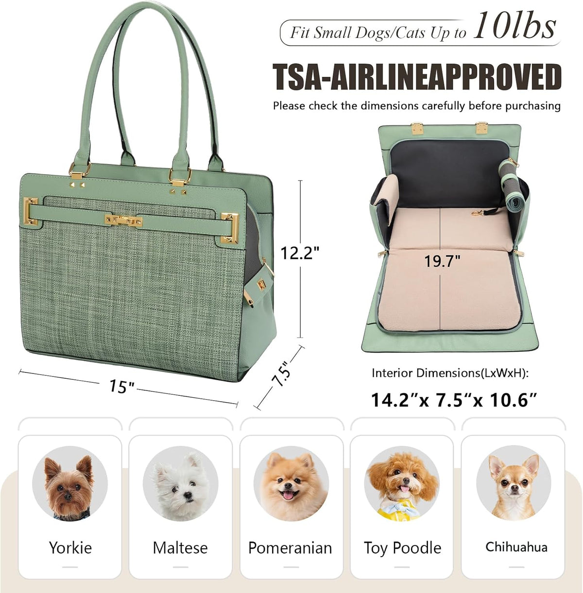 2-in-1 Stylish Dog Purse Carrier Travel Tote Bag for Small Dogs Cats - Green / 15" L x 7.5" W x 12.2" H - image 2