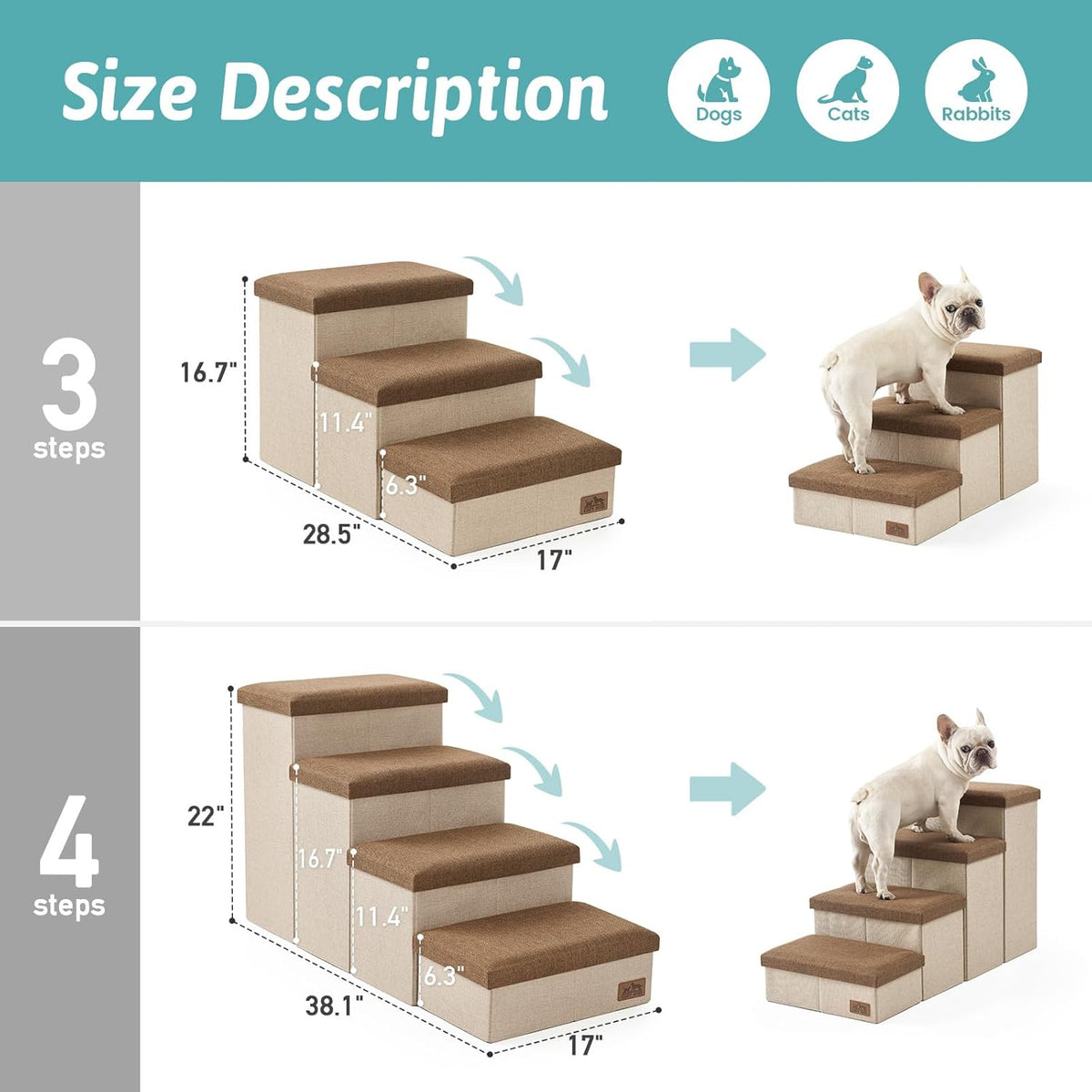 COZY KISS Dog Stairs with Storage, 16.7" H Wider Dog Steps - Brown / 4 / 38.1x17x22 inch - image 3