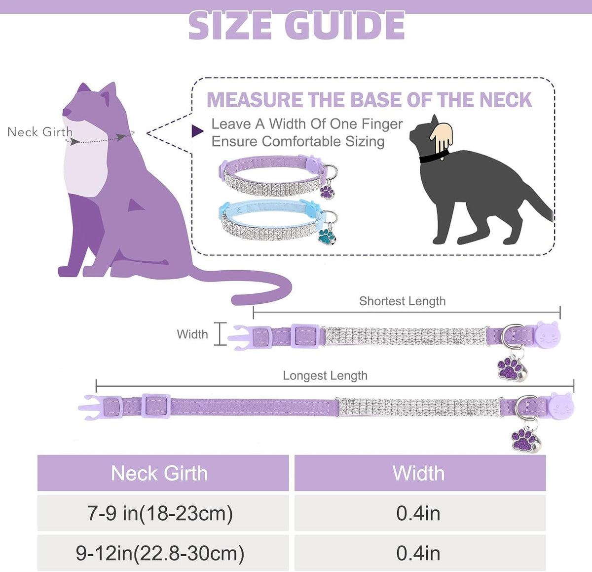 2 Pack Soft Velvet Safe Bling Diamond Cat Collars with Bells – Essentials for Cats - Blue + Light Purple / 7"-9" For Cats - image 2