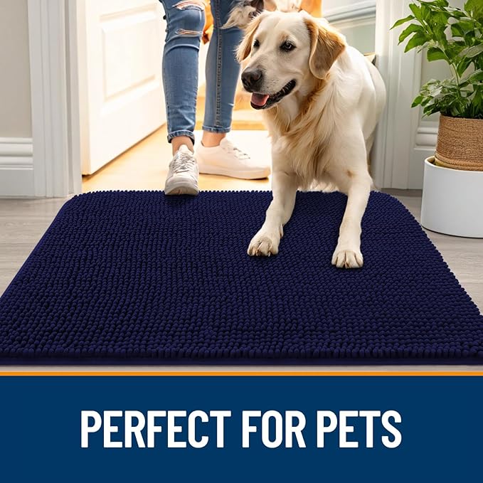 OLANLY Dog Door Mat Set 2-Piece 24x16, Absorbs Moisture and Dirt, Absorbent Non-Slip Washable Doormat, Quick Dry Chenille Mud Mat for Dogs, Entry Indoor Entryway Carpet for Inside Floor, Navy Blue