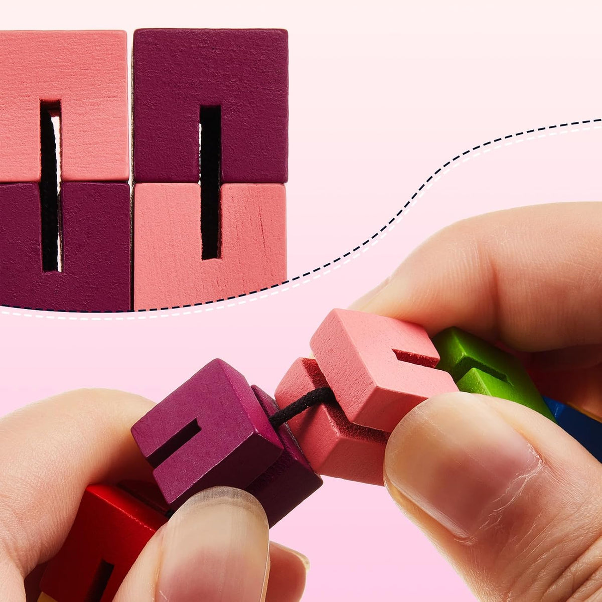 Sumind 6 pack of colorful wooden twist block puzzle fidget cubes on elastic cord - view 3