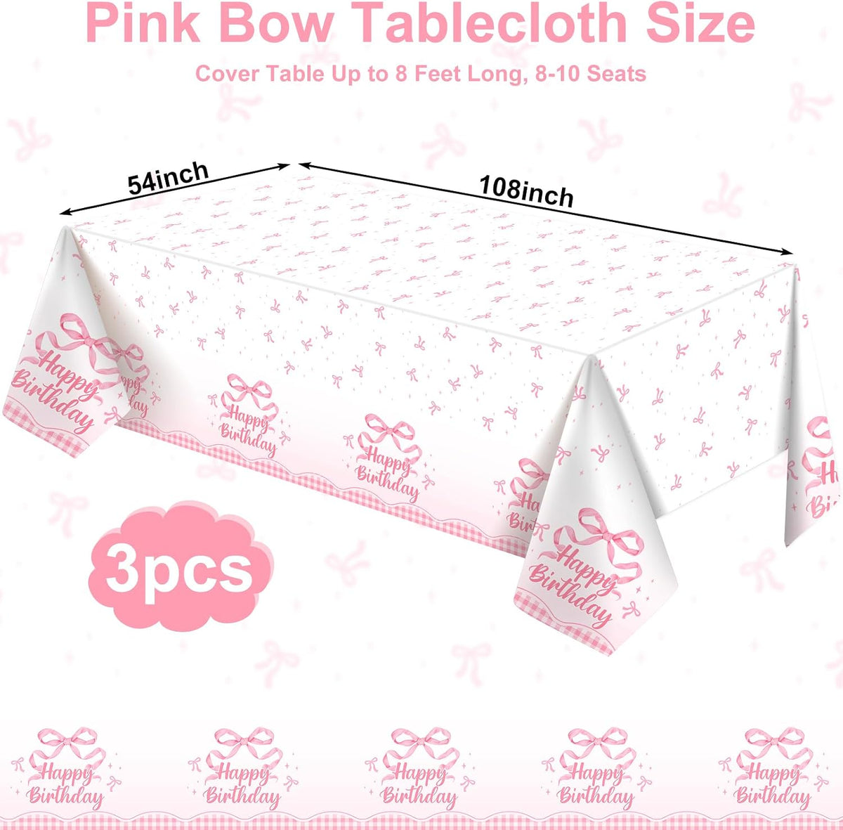 3 Pack Plastic Birthday Tablecloth - Pink Bow - image 2