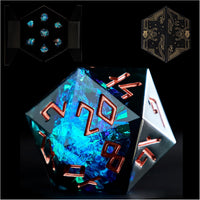 HEIMDALLR liquid core DND dice set in Fenrir's Shadow with glowing LED display box