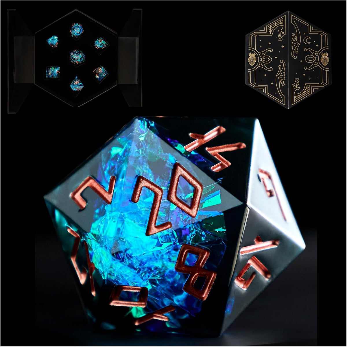 HEIMDALLR liquid core DND dice set in Fenrir's Shadow with glowing LED display box