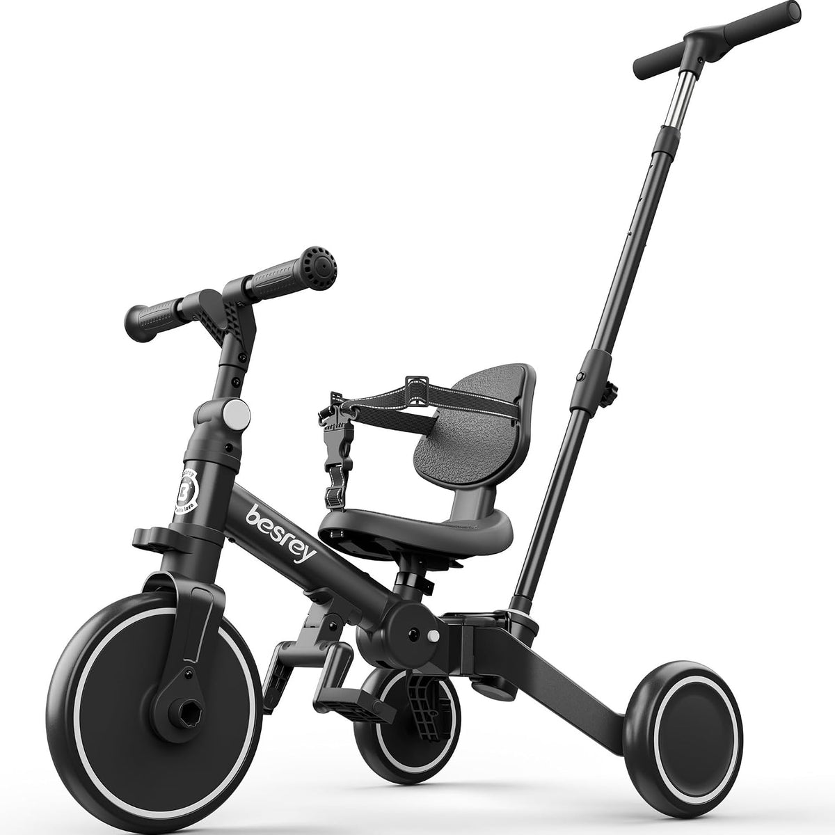 besrey Folding Toddler Tricycle-to-Balance Bike with Push Handle - Black