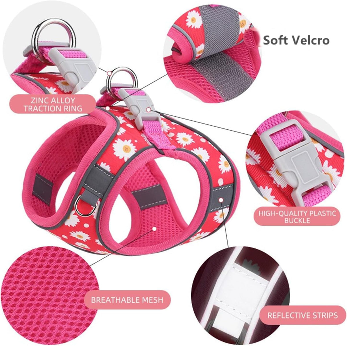 Step in Dog Harness No Pull Flower Adjustable Soft Mesh Harness – Essentials for Dogs - XS(neck:9.5"-10.5",chest:11.5"-13.5") / Rose red - image 4