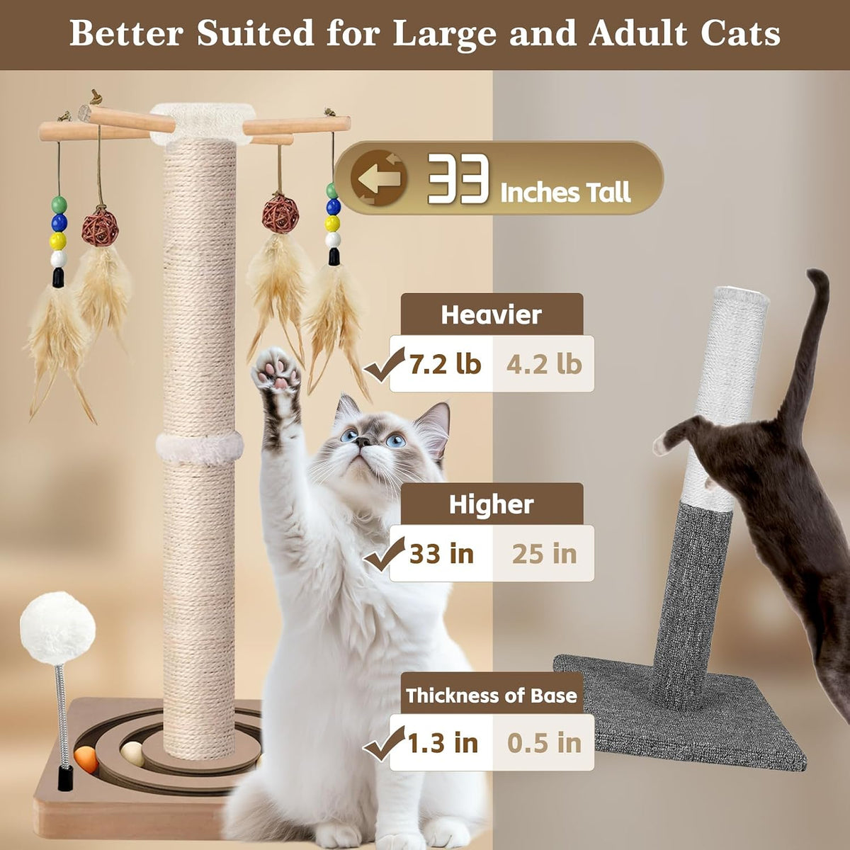 Cat Scratching Post, Sisal Scratcher with Enrichment Toys for Indoor Cats – Essentials for Cats - 33 Inches Tall / Double Track - image 2