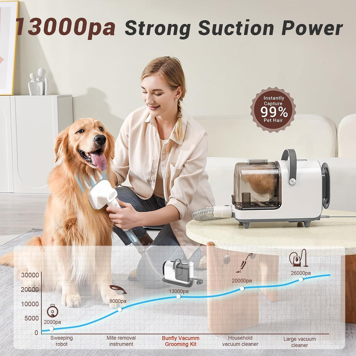 Bunfly dog grooming kit with 3L dust cup vacuum, electric clipper and comb attachments - view 2