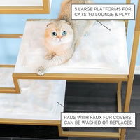 THE REFINED FELINE 62 Inch Tall Metropolitan Cat Condo, Gold Metal Frame Cat Tower, Multi-Level Modern Cat Tree for Indoor Cats, White Platforms with Faux Fur Replaceable Cushions