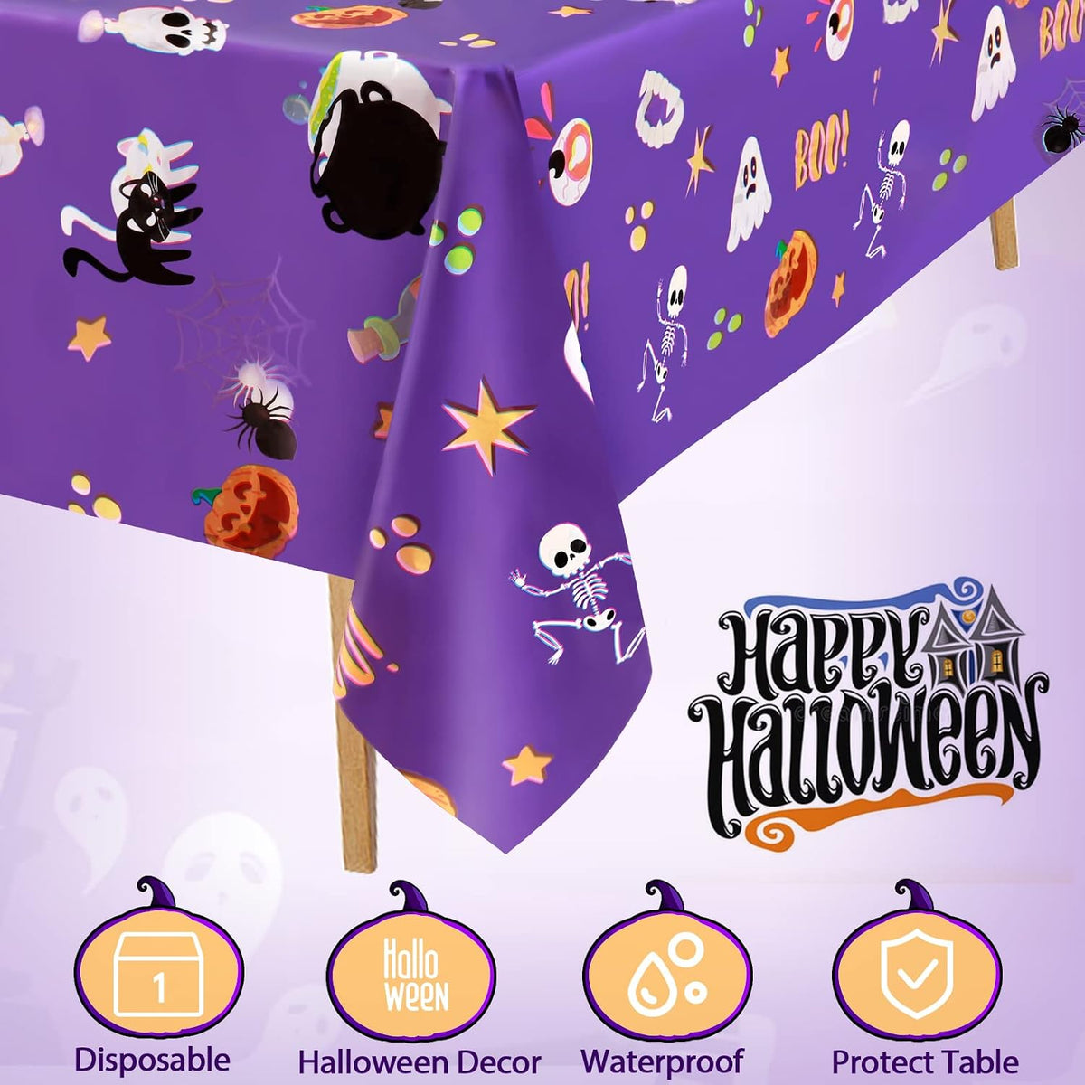 PERFQU purple Halloween tablecloth with skeleton, ghost and pumpkin prints, 54x108 inch - view 4