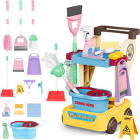 deAO kids cleaning set with detachable housekeeping cart, broom, mop and wet floor sign