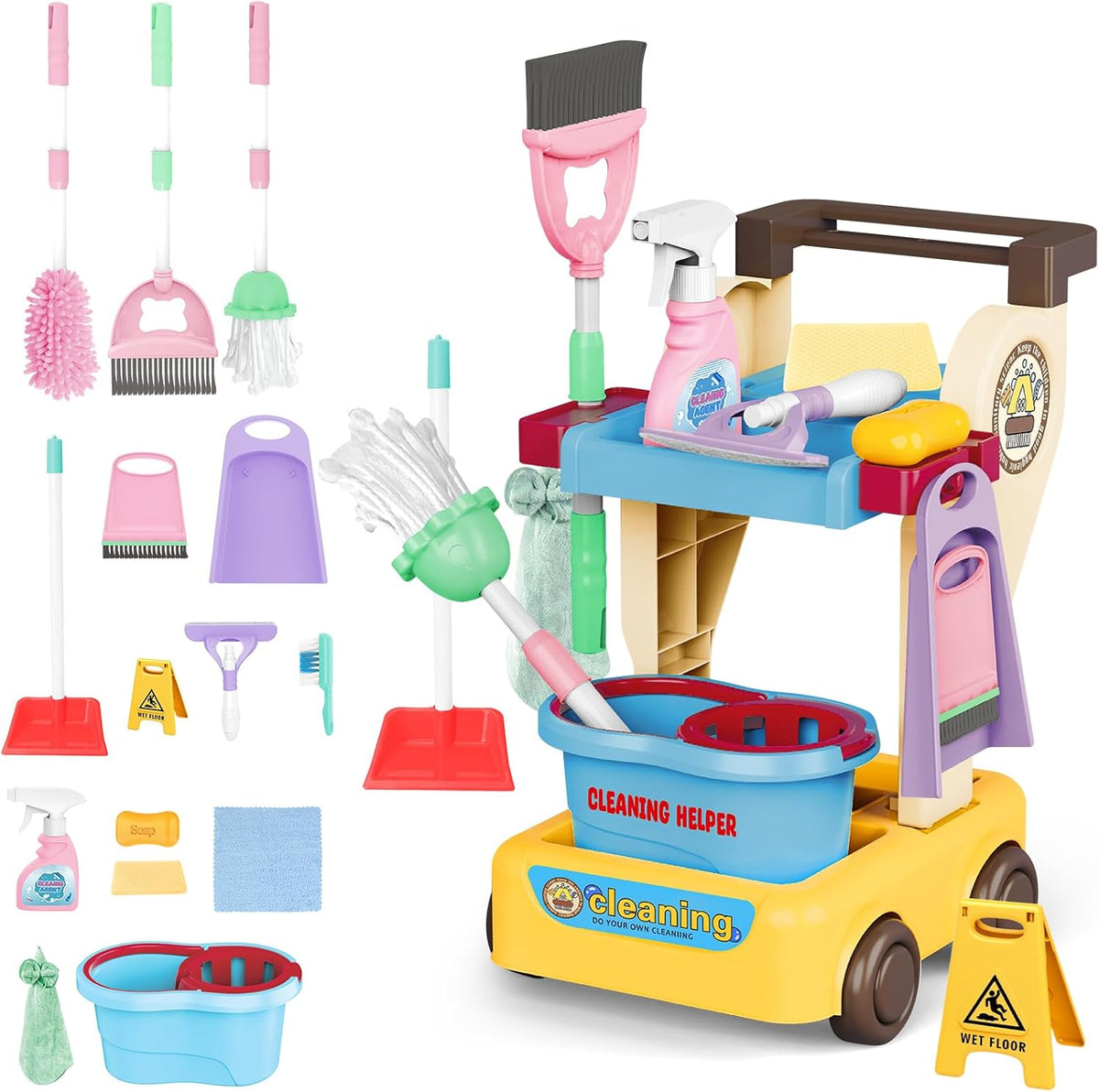 deAO kids cleaning set with detachable housekeeping cart, broom, mop and wet floor sign