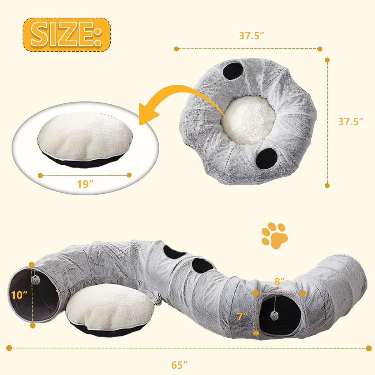 Cat Tunnel Bed for Indoor Cats - Grey / XL:37.5X37.5X10" - image 2