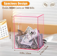 Hicocool Clear Acrylic Piggy Bank with Lock & Key - Pink - image 3