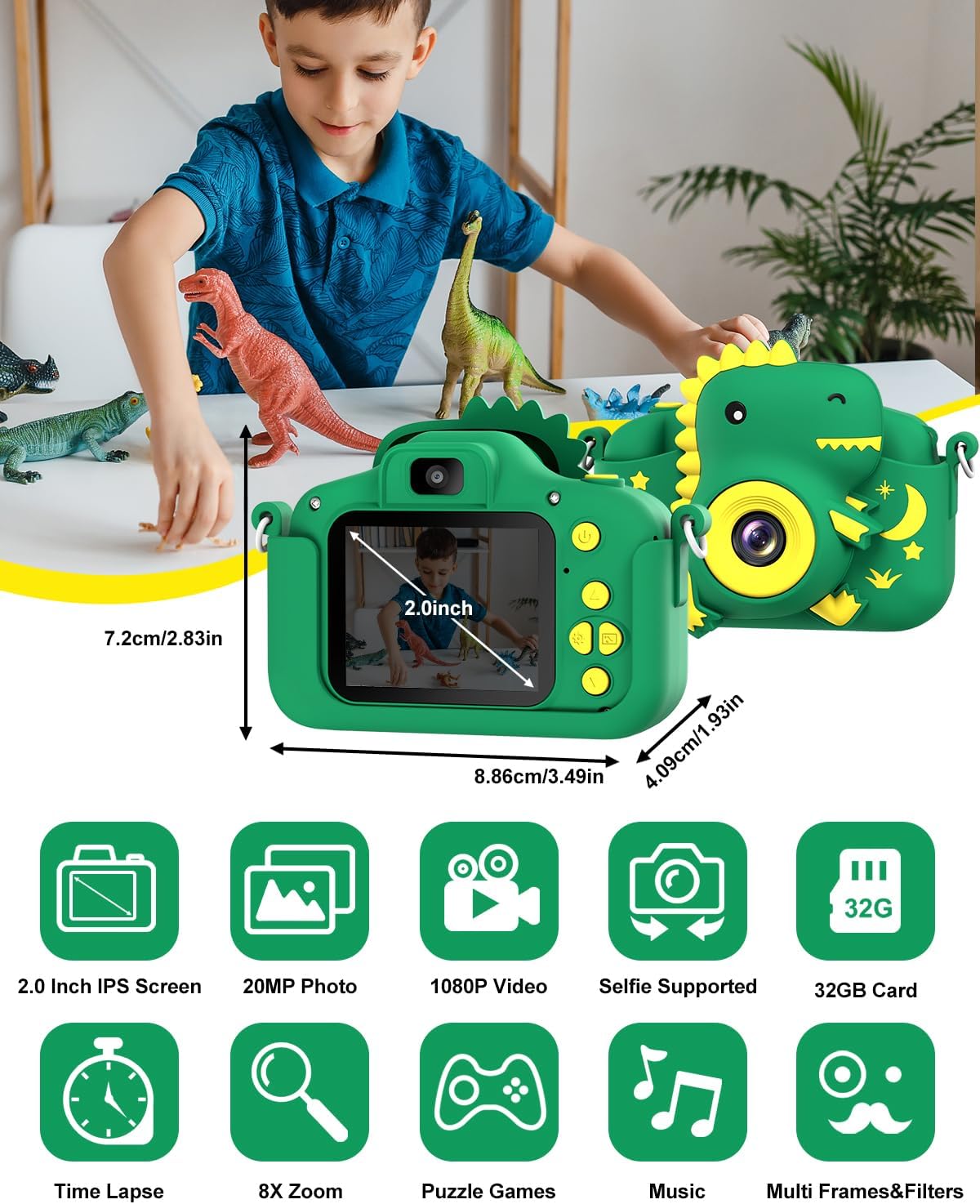Kids Camera, Dinosaur Toddler Digital Camera for Ages 3-12 Boys Girls Childrens, Christmas Birthday - image 2