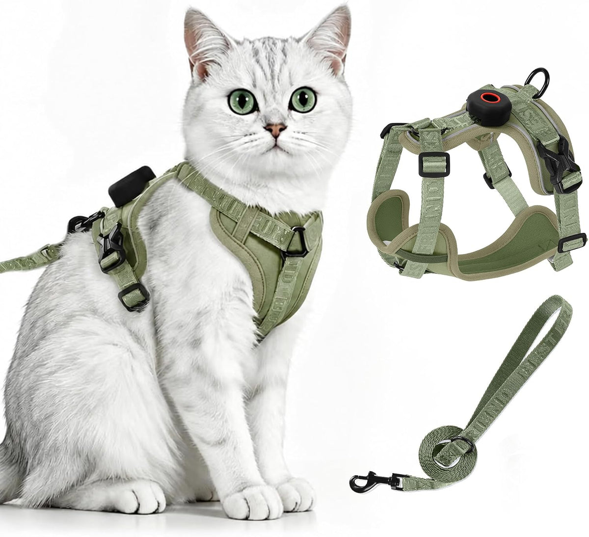 Skmeditec Cat Harness and Leash Set: Upgraded Escape Proof Vest - Green for Airtag / XL