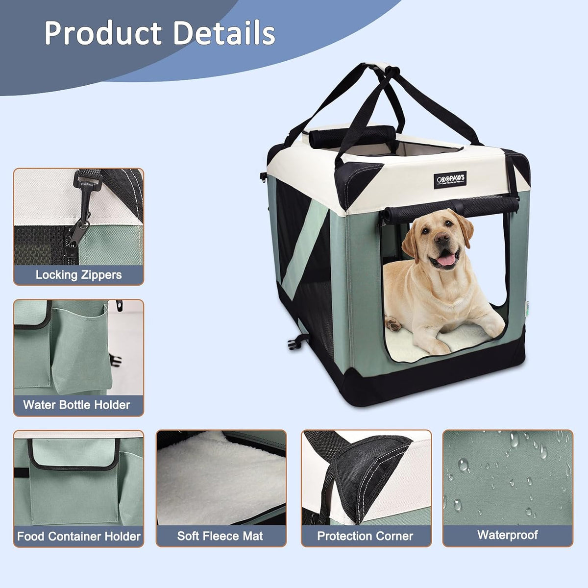 JESPET 3 Door Soft Dog Crates Kennel - 1-Shale Green / Small(24"L x 16.5"W x 16.5"H) - image 4