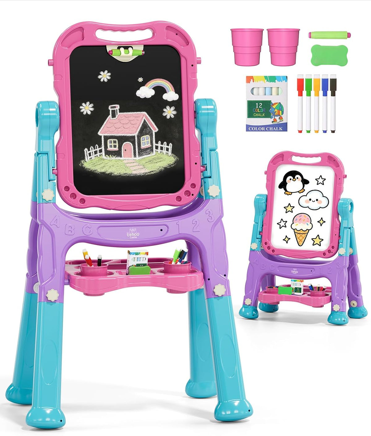 Lehoo Castle Easel for Kids 3-5, Magnetic Chalkboard Whiteboard – Fun for Kids & Family - Blue, Purple, Pink