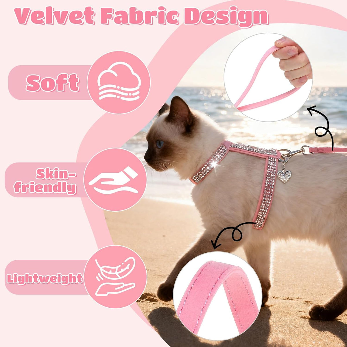 Cat Harness and Leash Set, Escape Proof Adjustable Cat Harness - Pink Rhinestones / Small - image 2