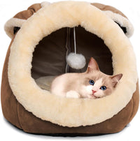 Cat Beds for Indoor Cats-Rabbit-Shaped Cat Cave Bed with Hanging Toy - Rabbite Brown / Rabbite / L