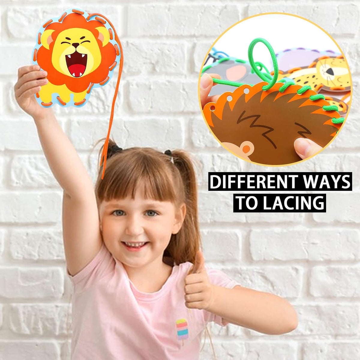 Dapaqami jungle animal lacing cards with colorful laces, lion, giraffe and elephant designs - view 4
