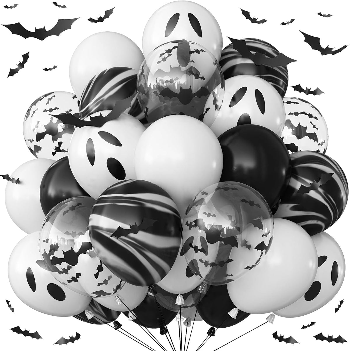 Froova black and white Halloween balloons with ghost and bat prints and bat stickers - view 6