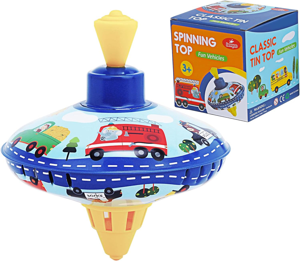 beeqoo retro tin spinning top with colorful vehicle pattern on a plastic stand