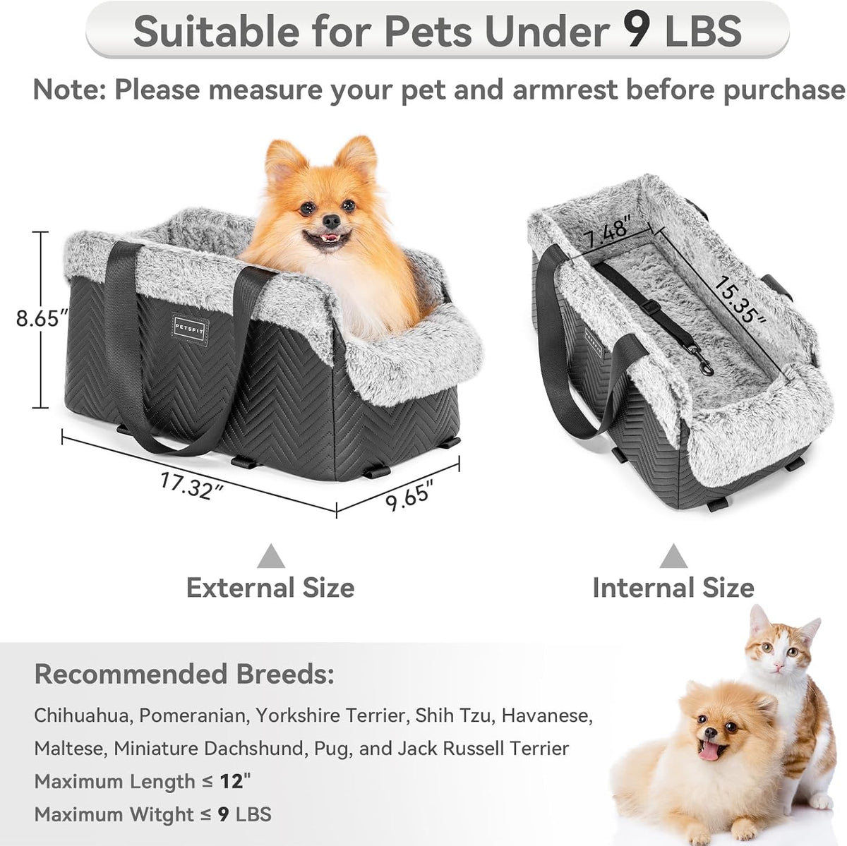 PETSFIT Cat Car Seat, Portable Console Dog Car Seat with Safe Protective Hooks, Luxury Pet Car Seat - Black / Small - image 4