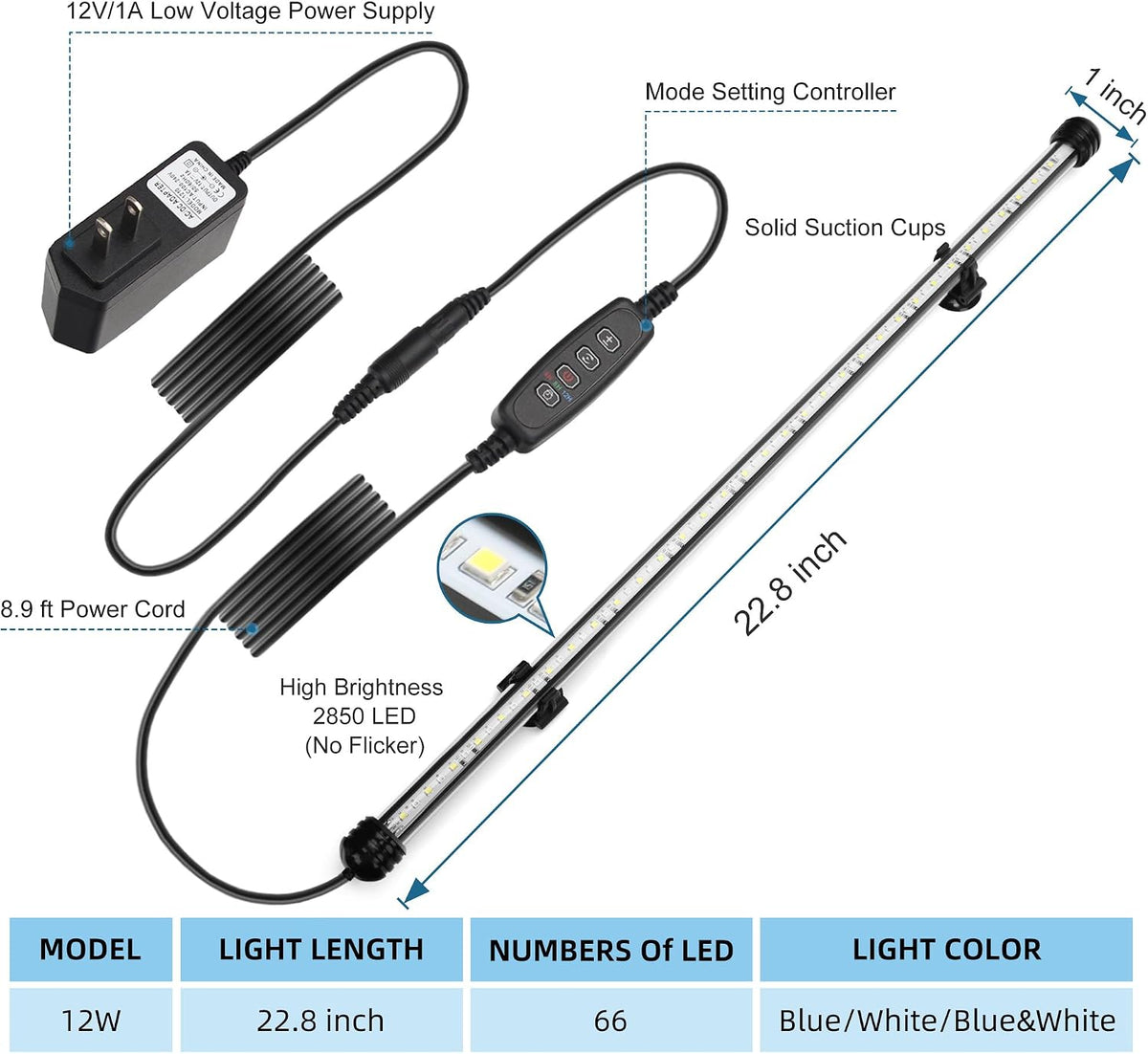 LED Submersible Aquarium Light 4W Underwater Fish Tank Light - NVL-05 (22.8in 12w) - image 2