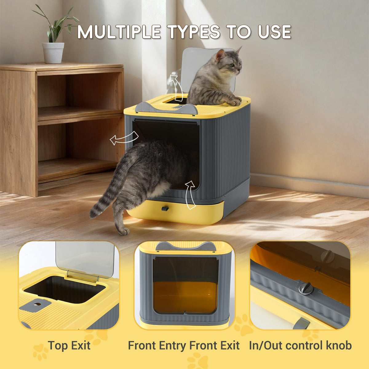 Foldable Enclosed Cat Litter Box with Lid, for Kitten to Medium - Yellow&Grey - image 4
