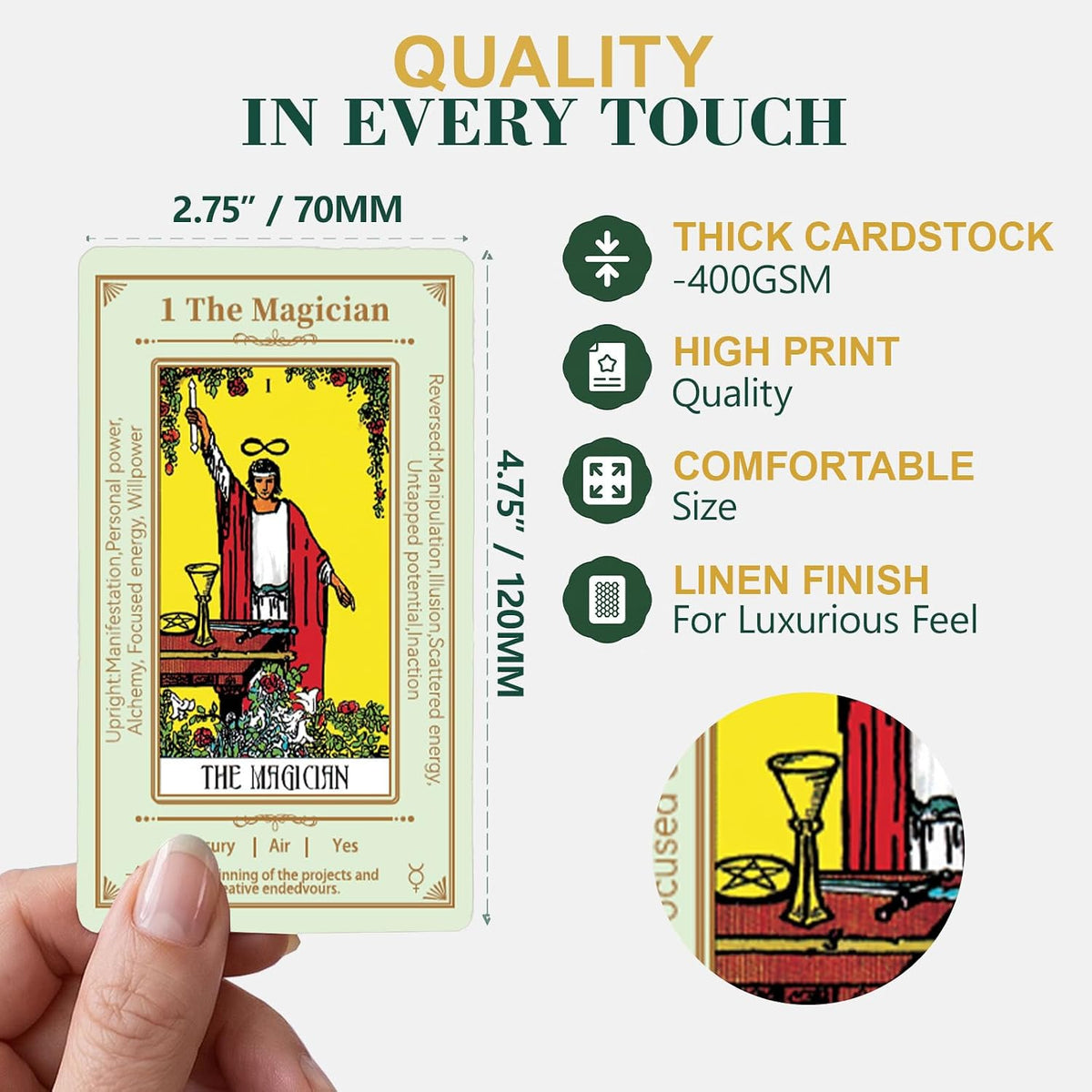 Erbacan beginner tarot cards deck with meanings printed on the cards, guidebook and green velvet pou - view 2